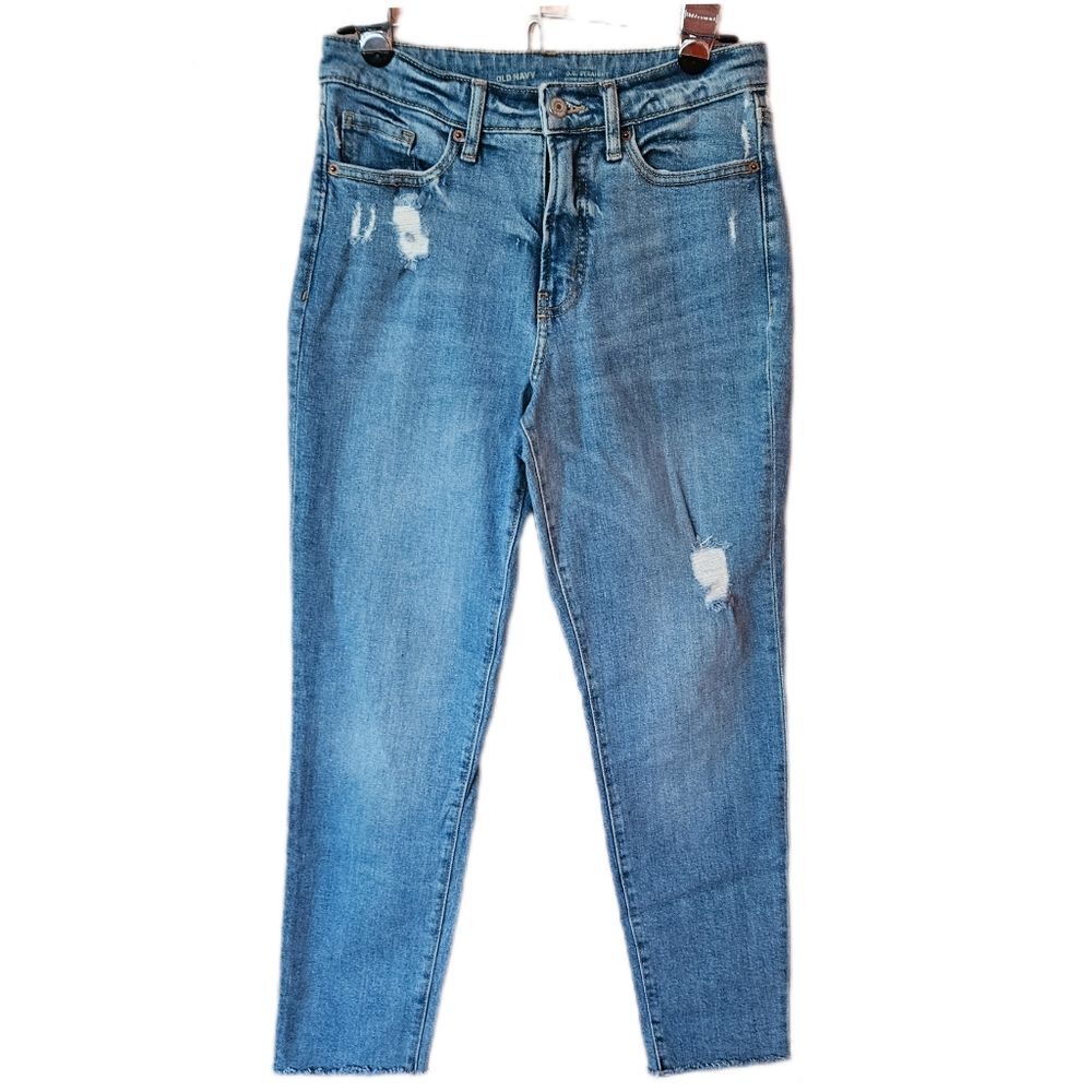 Old Navy High Rise OG Straight Blue Jeans Womens 4 Distressed Stretchโ Raw Hem